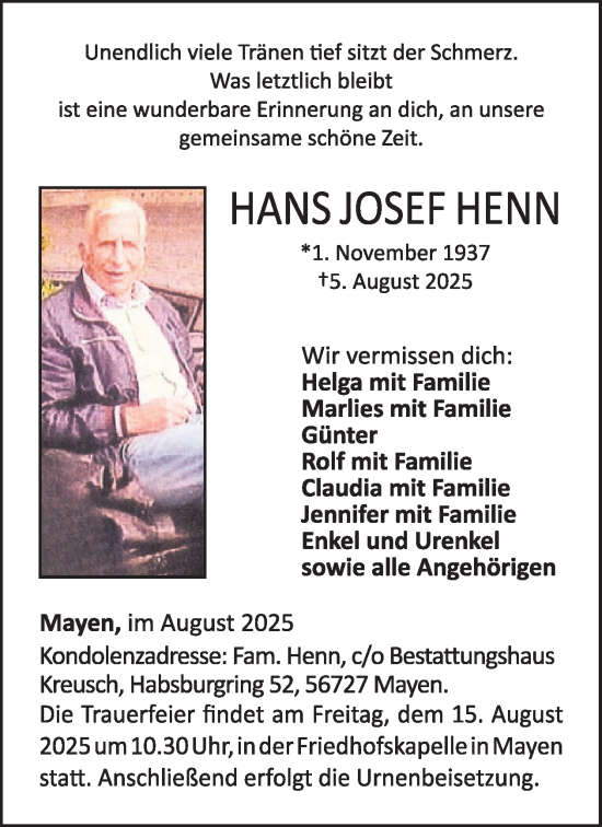Traueranzeige von Hans Josef Henn von WochenSpiegel