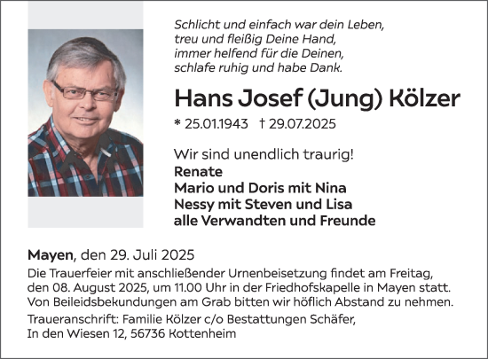 Traueranzeige von Hans Josef Kölzer von WochenSpiegel