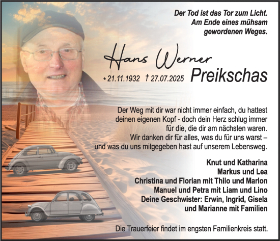 Traueranzeige von Hans Werner Preikschas von WochenSpiegel