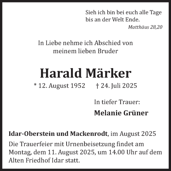 Traueranzeige von Harald Märker von WochenSpiegel