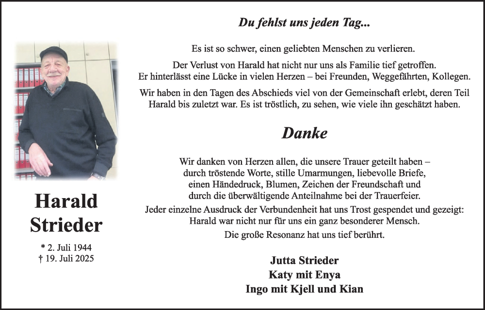 Traueranzeige für Harald Strieder vom 16.08.2025 aus WochenSpiegel