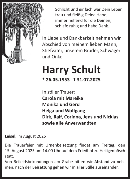 Traueranzeige von Harry Schult von WochenSpiegel