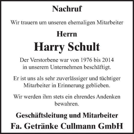 Traueranzeige von Harry Schult von WochenSpiegel