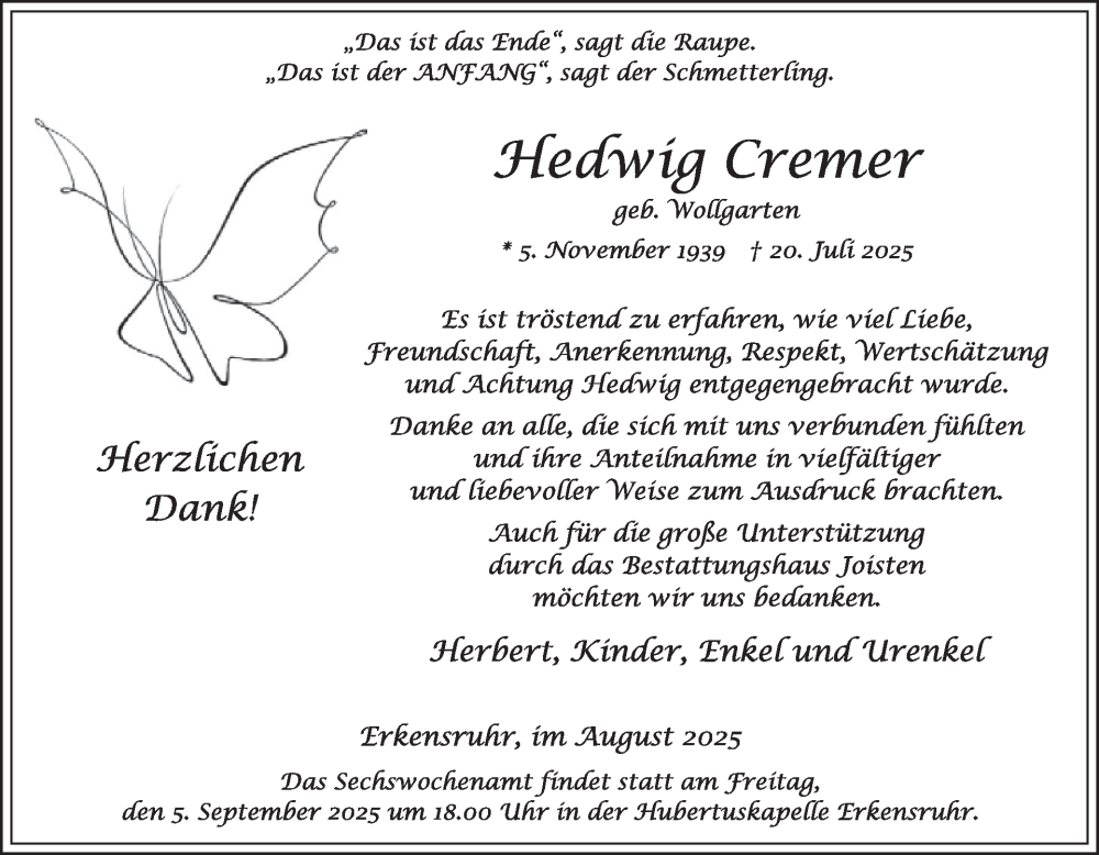  Traueranzeige für Hedwig Cremer vom 27.08.2025 aus WochenSpiegel