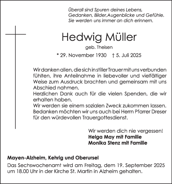 Traueranzeige von Hedwig Müller von WochenSpiegel