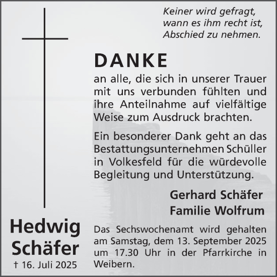 Traueranzeige von Hedwig Schäfer von WochenSpiegel