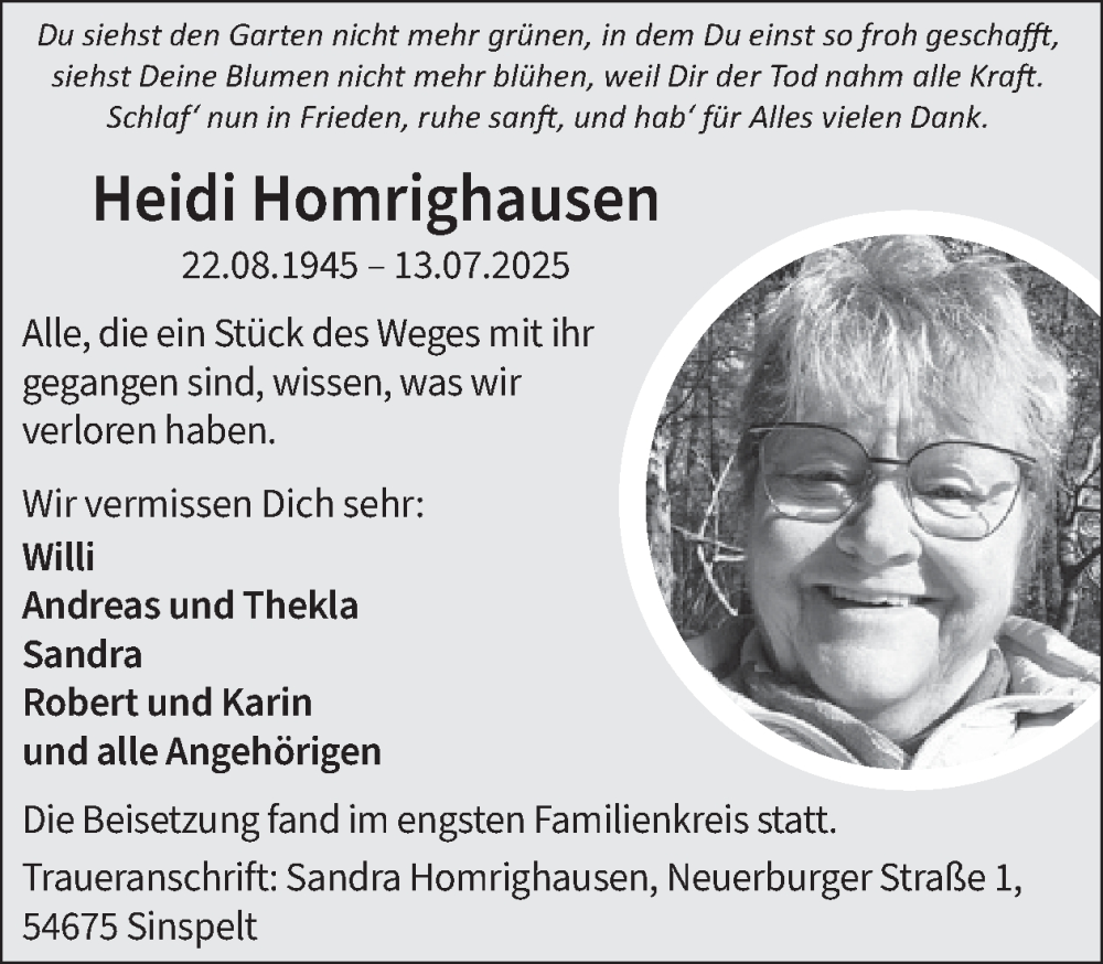  Traueranzeige für Heidi Homrighausen vom 15.08.2025 aus WochenSpiegel
