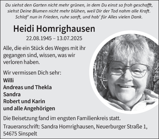 Traueranzeige von Heidi Homrighausen von WochenSpiegel