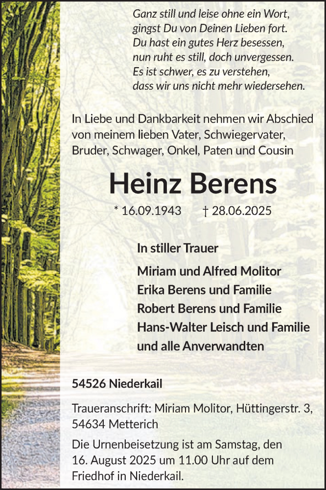  Traueranzeige für Heinz Berens vom 08.08.2025 aus WochenSpiegel