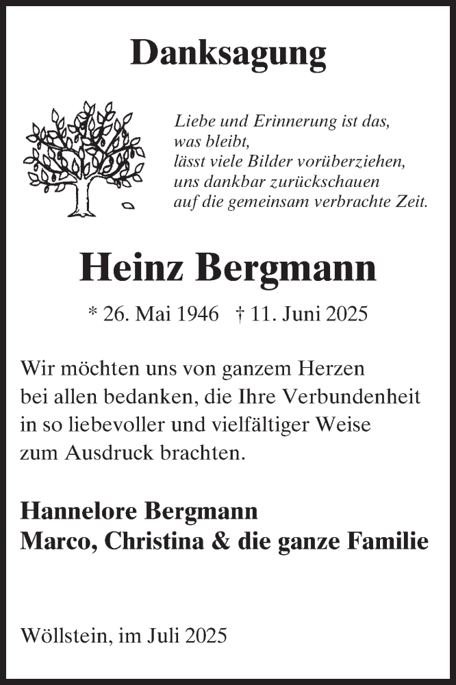  Traueranzeige für Heinz Bergmann vom 02.08.2025 aus WochenSpiegel