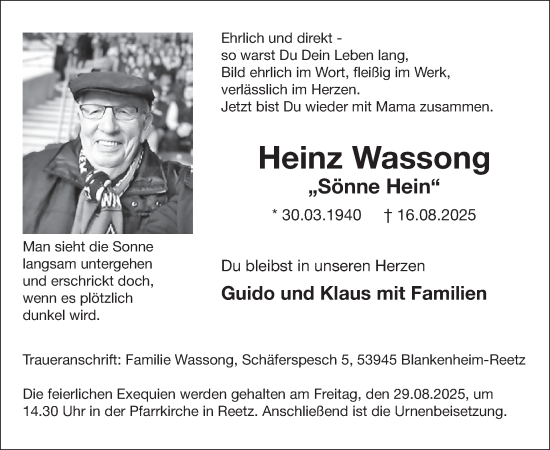 Traueranzeige von Heinz Wassong von WochenSpiegel