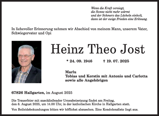 Traueranzeige von Heinz Theo Jost von WochenSpiegel