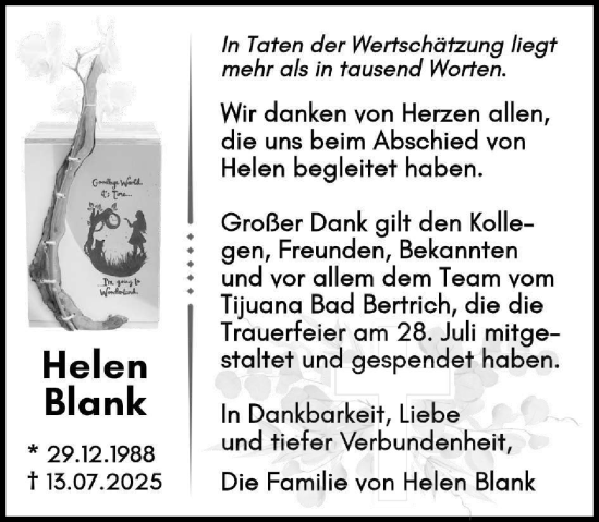 Traueranzeige von Helen Blank von WochenSpiegel