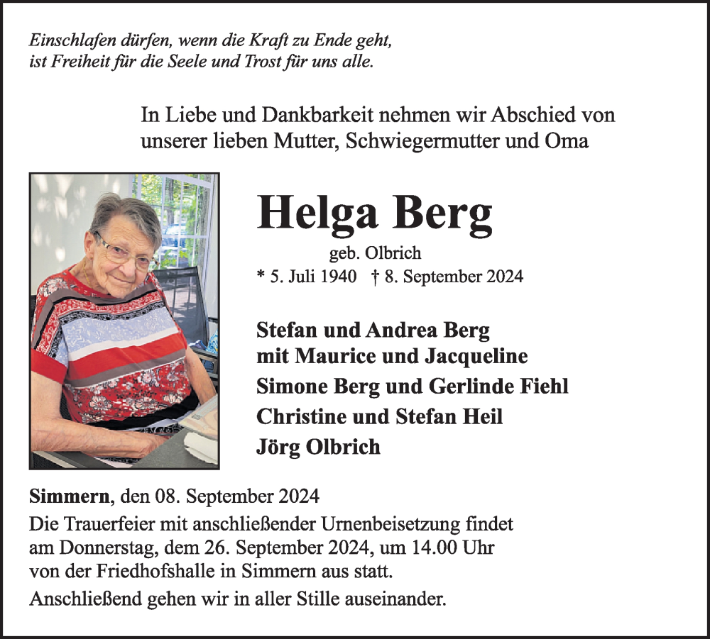  Traueranzeige für Helga Berg vom 21.09.2024 aus WochenSpiegel