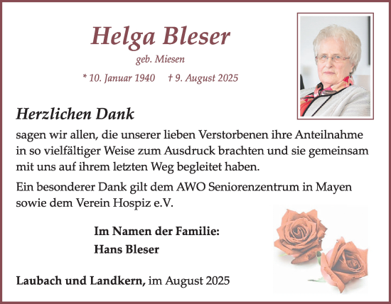 Traueranzeige von Helga Bleser von WochenSpiegel