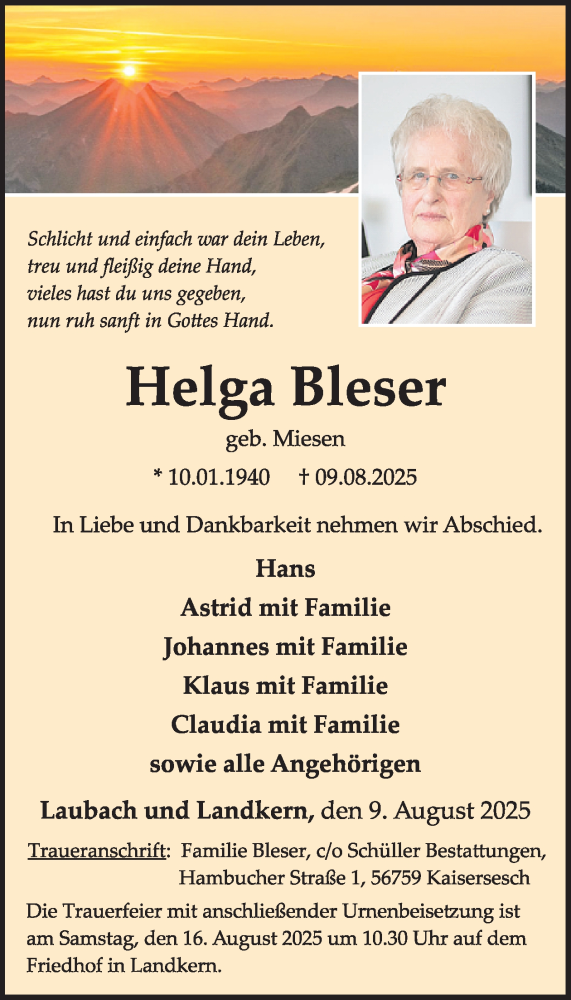  Traueranzeige für Helga Bleser vom 13.08.2025 aus WochenSpiegel
