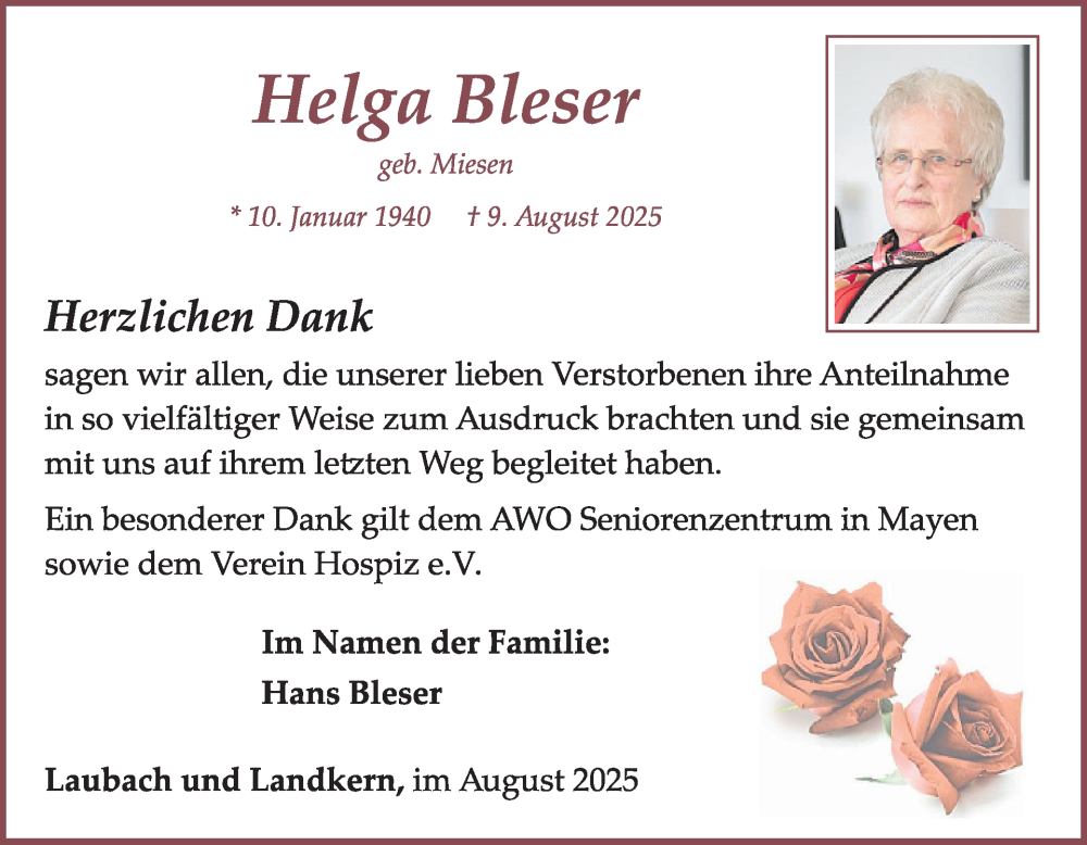  Traueranzeige für Helga Bleser vom 27.08.2025 aus WochenSpiegel