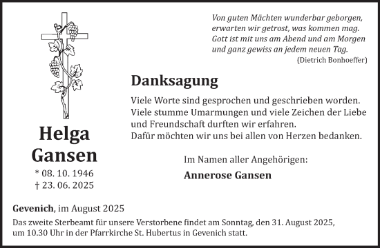 Traueranzeige von Helga Gansen von WochenSpiegel