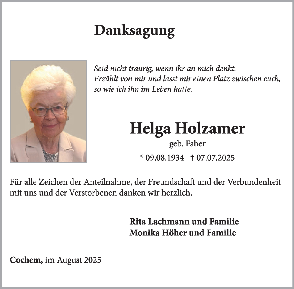  Traueranzeige für Helga Holzamer vom 13.08.2025 aus WochenSpiegel