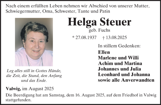 Traueranzeige von Helga Steuer von WochenSpiegel