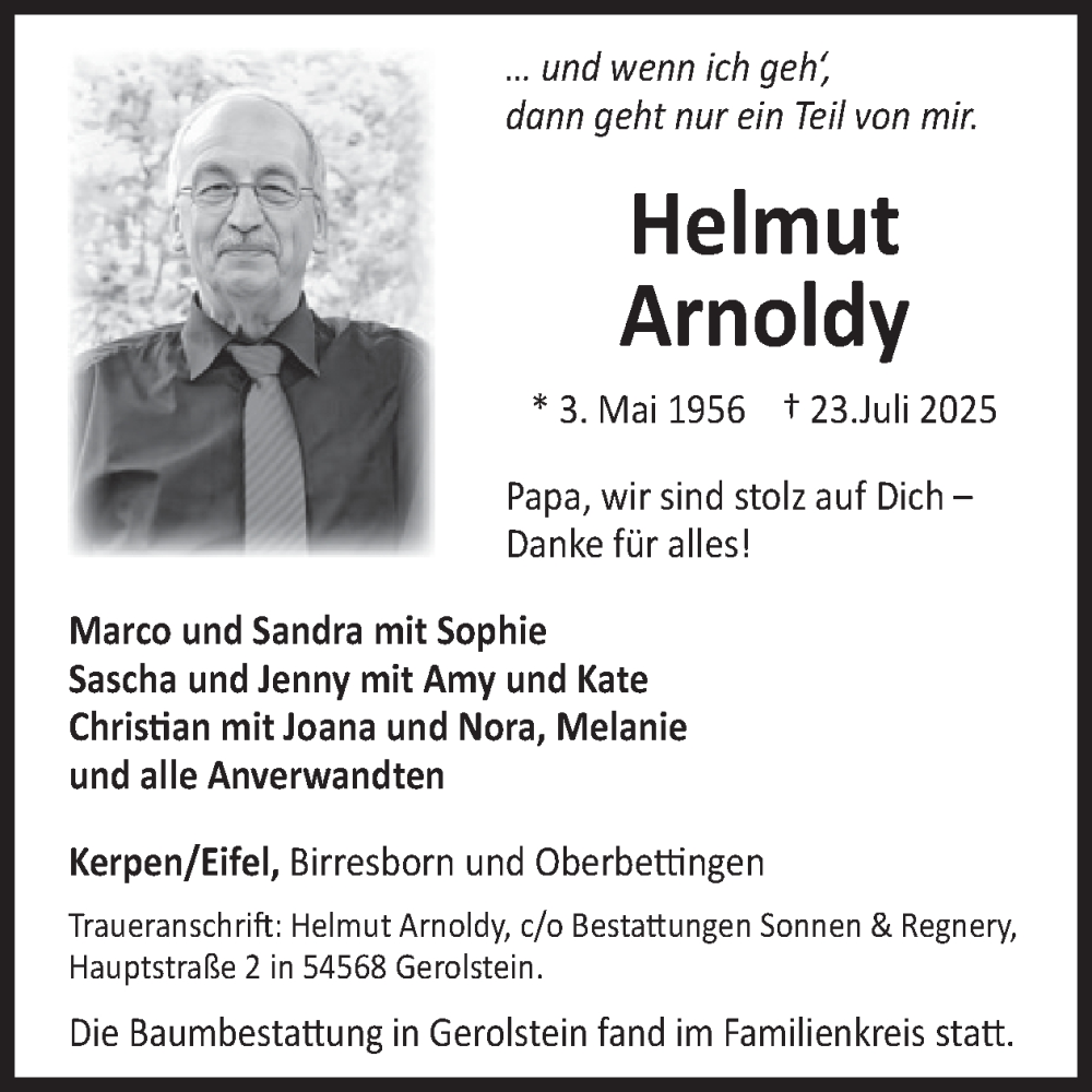  Traueranzeige für Helmut Arnoldy vom 02.08.2025 aus WochenSpiegel