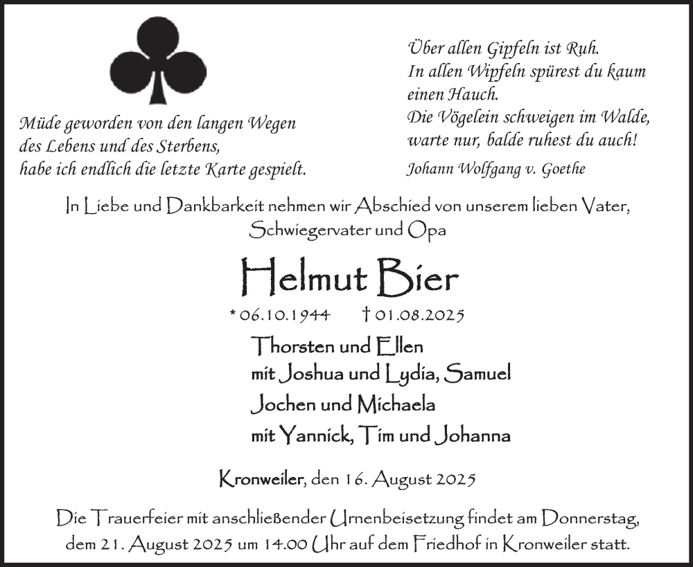  Traueranzeige für Helmut Bier vom 16.08.2025 aus WochenSpiegel