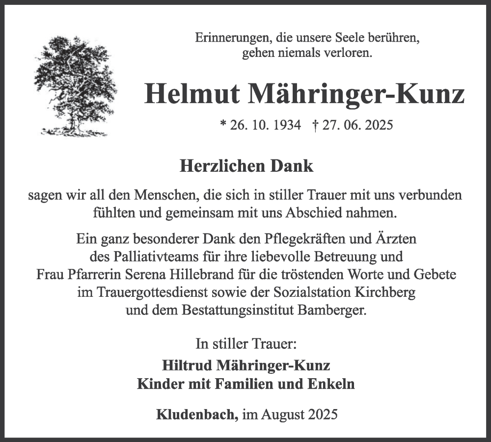  Traueranzeige für Helmut Mahringer-Kunz vom 16.08.2025 aus WochenSpiegel