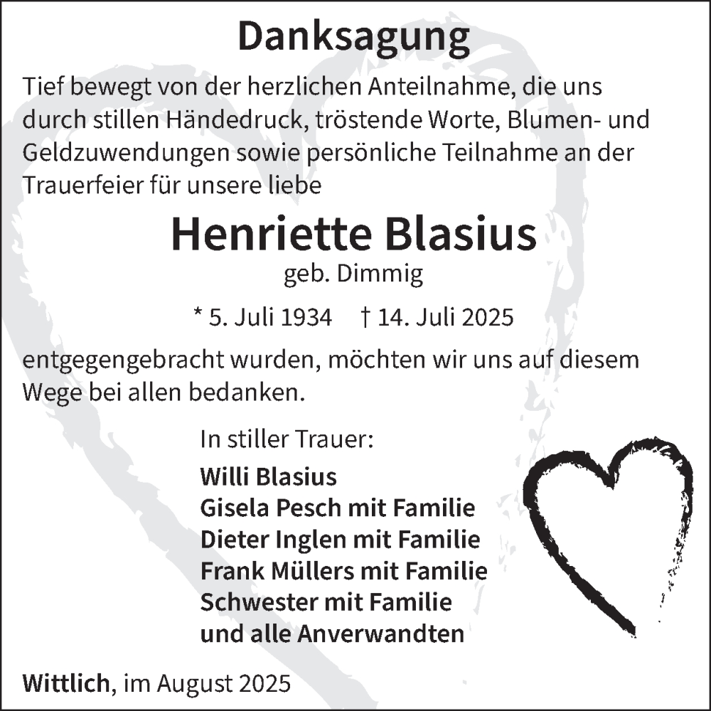  Traueranzeige für Henriette Blasius vom 15.08.2025 aus WochenSpiegel