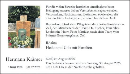 Traueranzeige von Hermann Krämer von WochenSpiegel