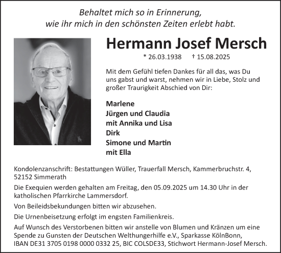 Traueranzeige von Hermann Josef Mersch von WochenSpiegel
