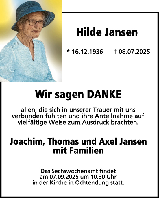 Traueranzeige von Hilde Jansen von WochenSpiegel