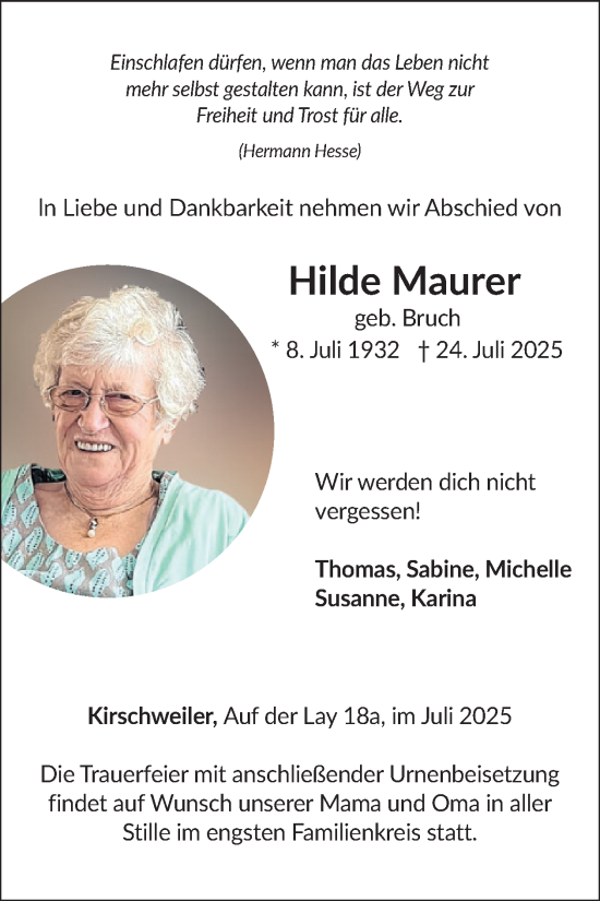 Traueranzeige von Hilde Maurer von WochenSpiegel