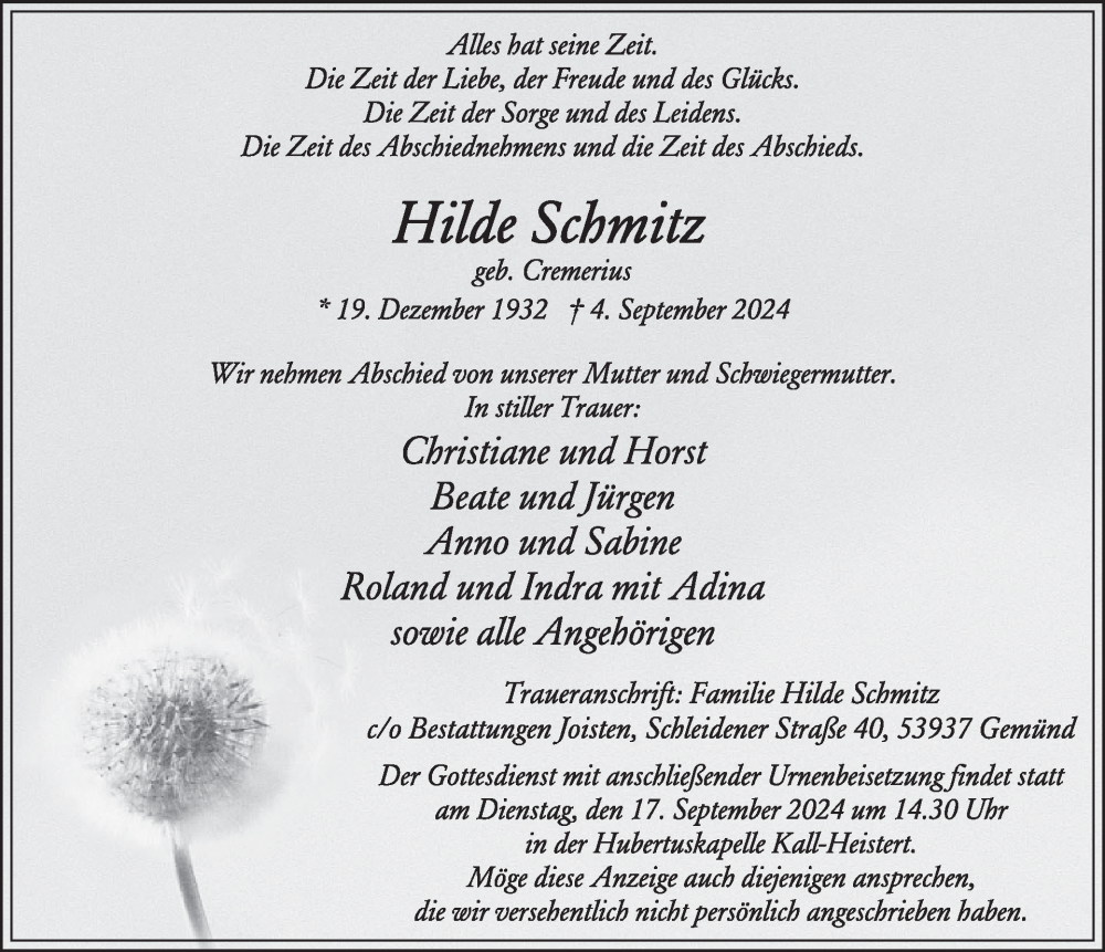  Traueranzeige für Hilde Schmitz vom 11.09.2024 aus WochenSpiegel