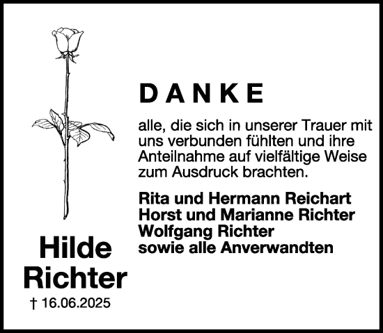 Traueranzeige von Hildegard Richter von WochenSpiegel