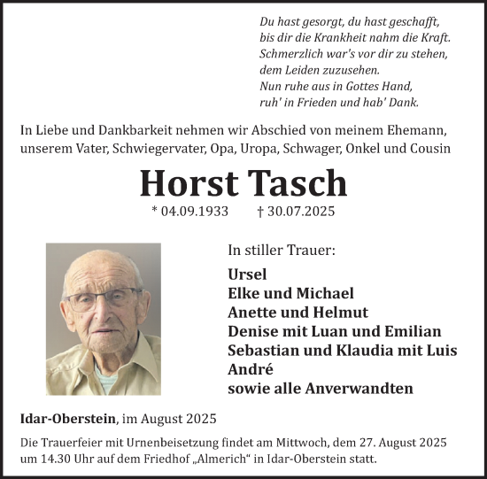 Traueranzeige von Horst Tasch von WochenSpiegel