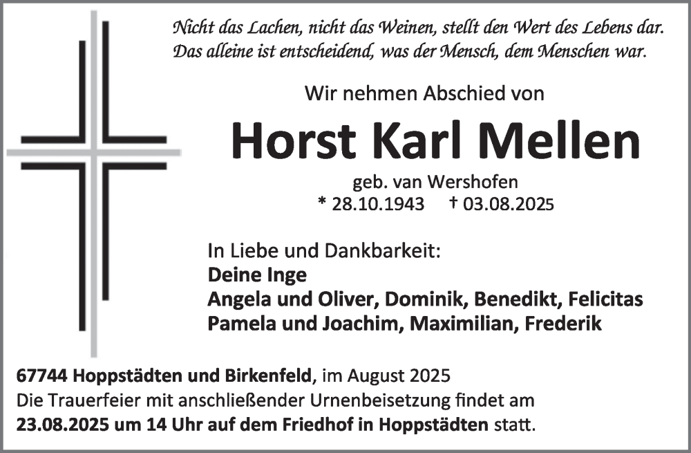  Traueranzeige für Horst Karl Mellen vom 16.08.2025 aus WochenSpiegel