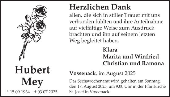 Traueranzeige von Hubert Mey von WochenSpiegel