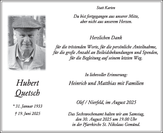 Traueranzeige von Hubert Quetsch von WochenSpiegel