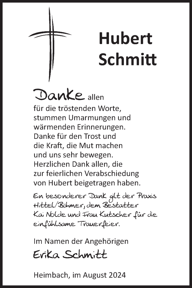  Traueranzeige für Hubert Schmitt vom 31.08.2024 aus WochenSpiegel
