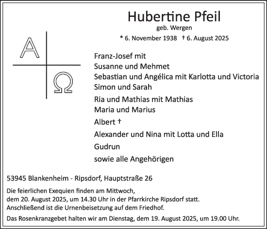 Traueranzeige von Hubertine Pfeil von WochenSpiegel