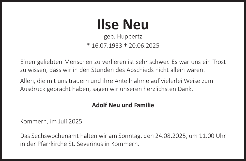  Traueranzeige für Ilse Neu vom 13.08.2025 aus WochenSpiegel
