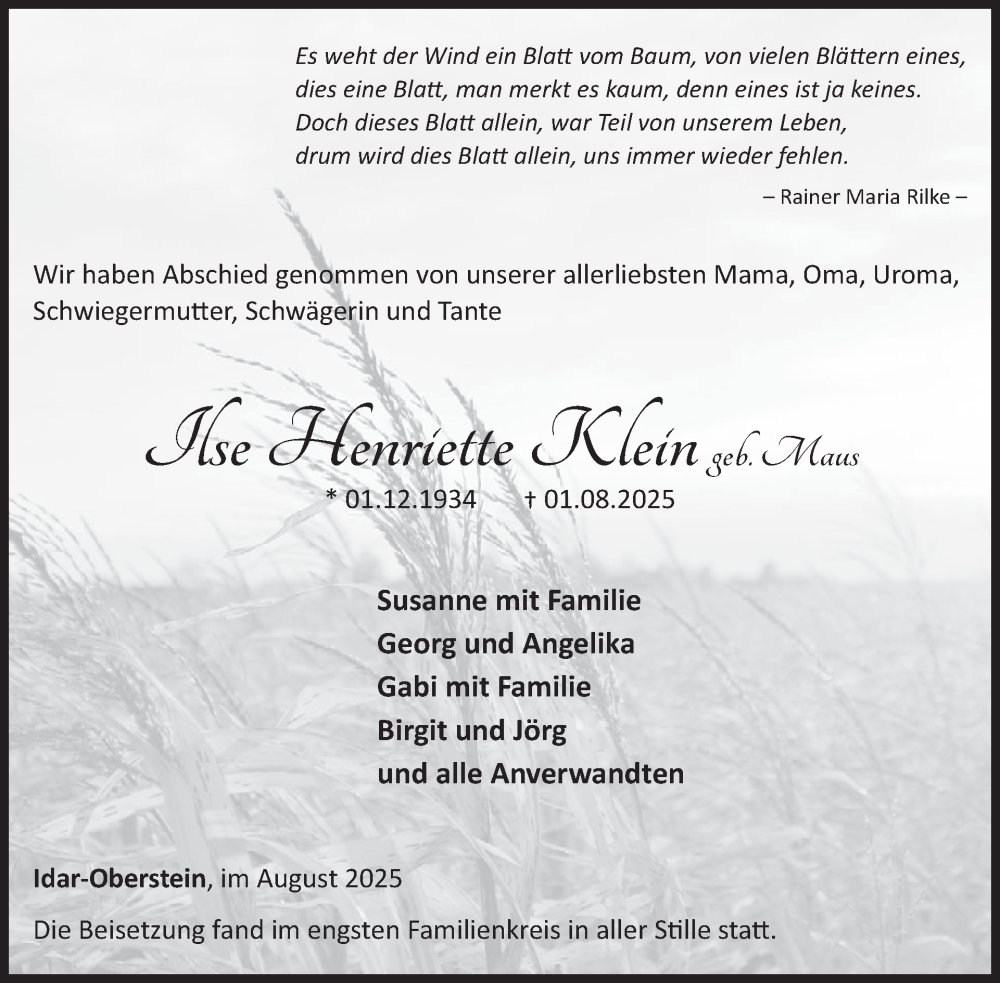  Traueranzeige für Ilse Henriette Klein vom 23.08.2025 aus WochenSpiegel