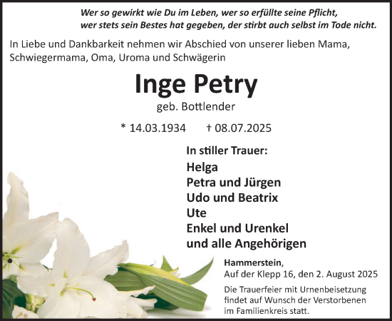 Traueranzeige von Inge Petry von WochenSpiegel