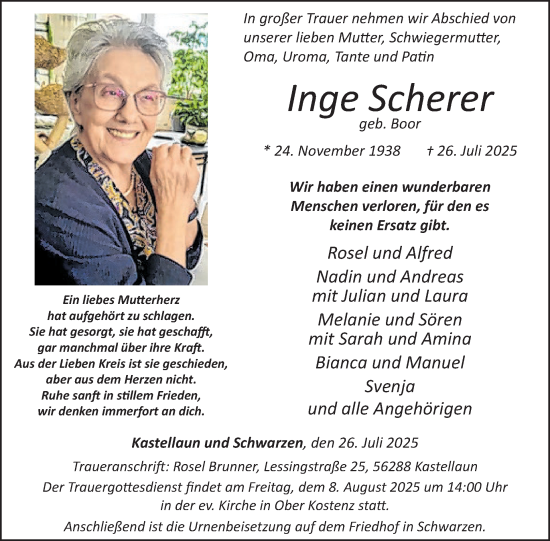 Traueranzeige von Inge Scherer von WochenSpiegel