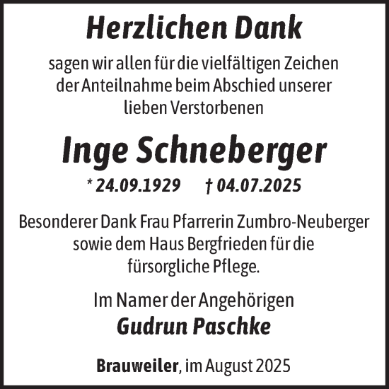 Traueranzeige von Inge Schneberger von WochenSpiegel