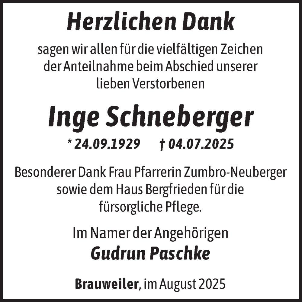  Traueranzeige für Inge Schneberger vom 09.08.2025 aus WochenSpiegel