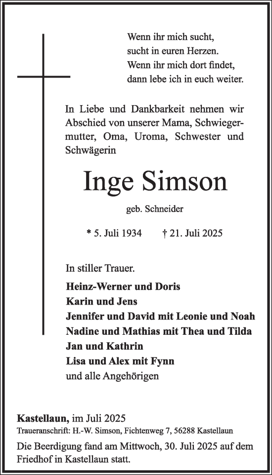 Traueranzeige von Inge Simson von WochenSpiegel