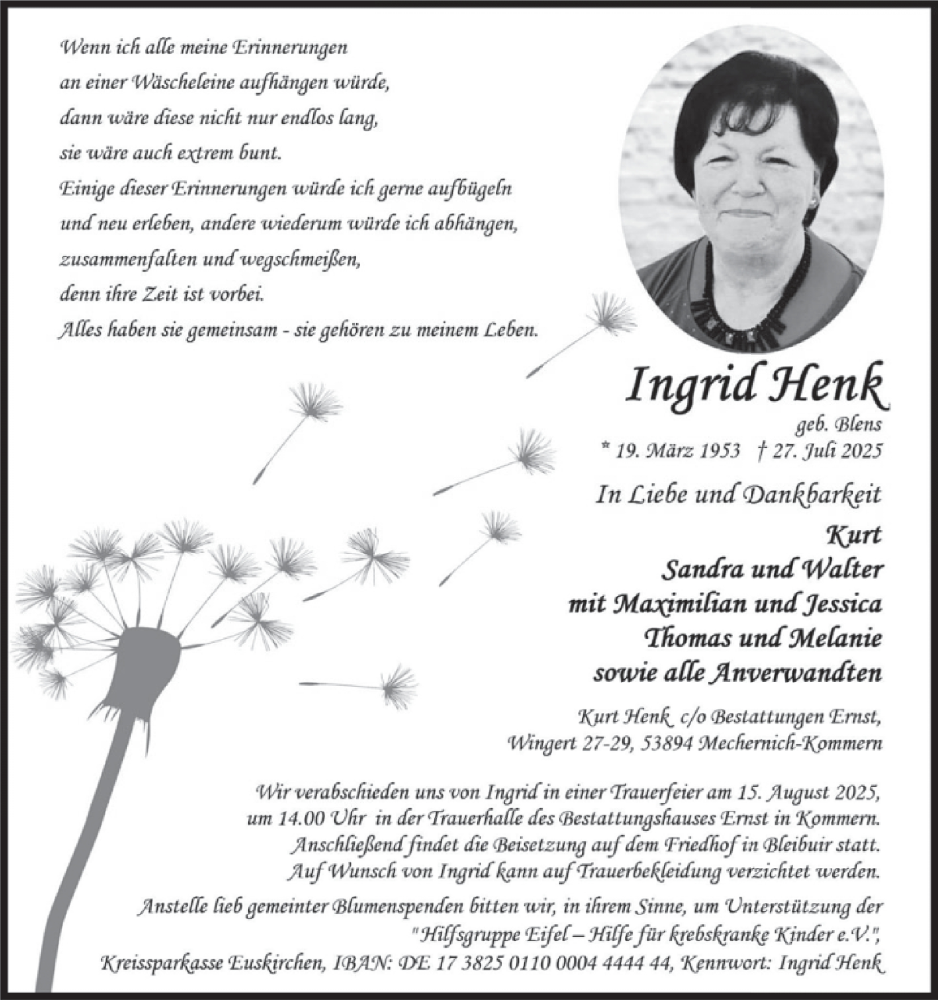  Traueranzeige für Ingrid Henk vom 06.08.2025 aus WochenSpiegel