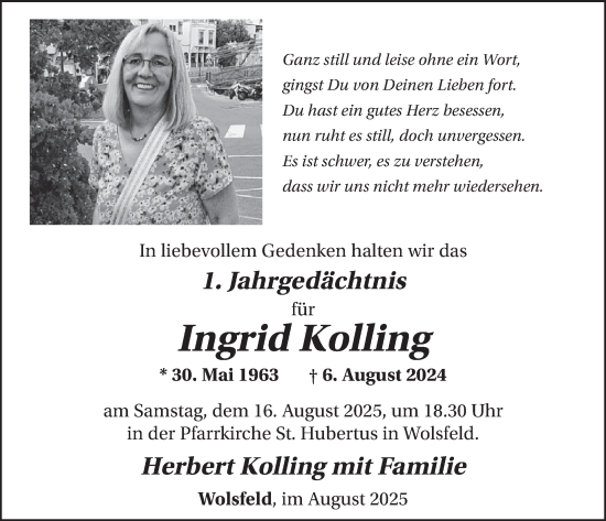 Traueranzeige von Ingrid Kolling von WochenSpiegel