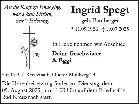 Traueranzeige von Ingrid Spegt von WochenSpiegel